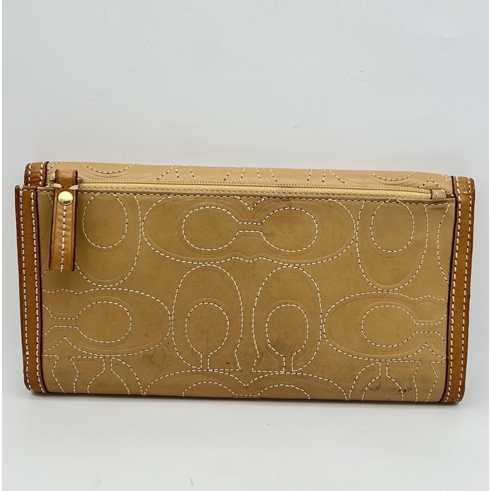Coach Signature Logo Embossed Leather Tri Fold Stitched Wallet License Window - Picture 2 of 16